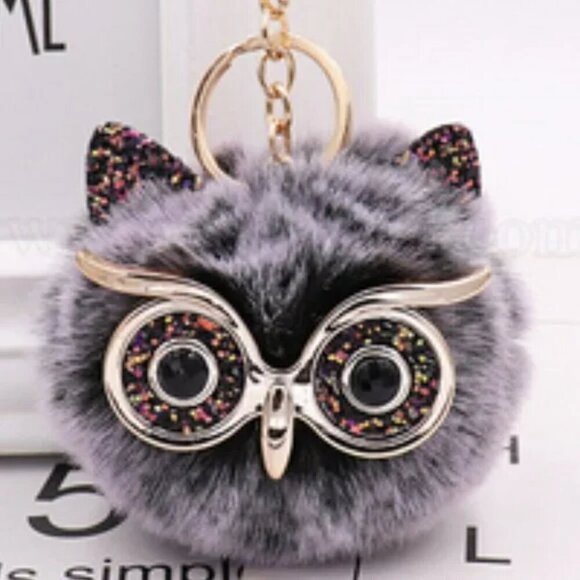 Accessories - 💖 HOST PICK 💖 Furry Pom Owl with Glases Grey Black Bling Bag Charm Key Chain